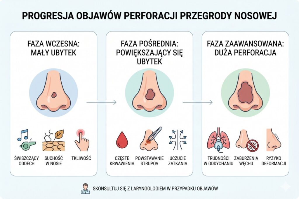 Postęp objawów perforacji przegrody osowej Postęp objawów perforacji przegrody osowej