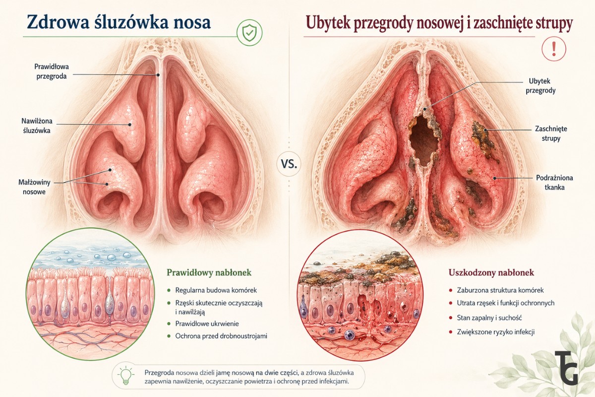 Infografika - ubytek przegrody nosowej a strupy w nosie