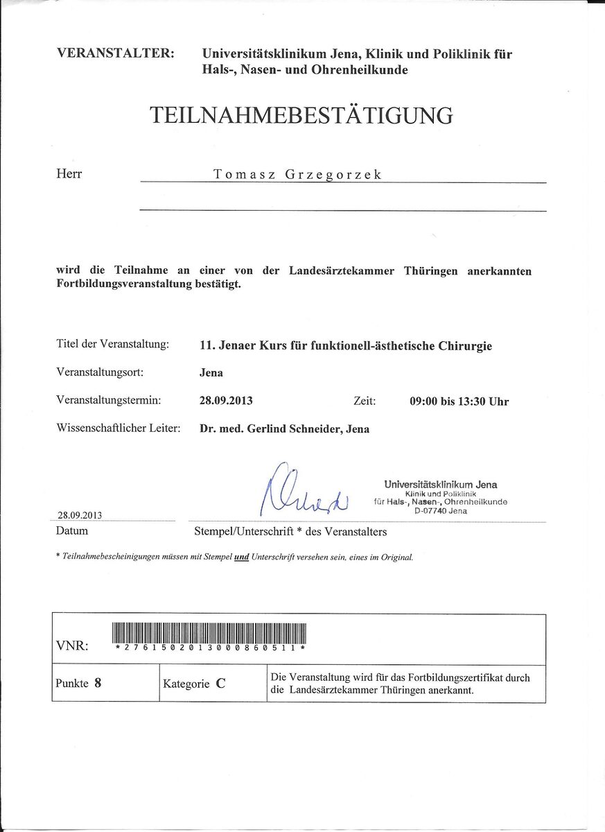 Certyfikat — kurs chirurgii czynnościowo-estetycznej nosa, Jena (Niemcy), 2013