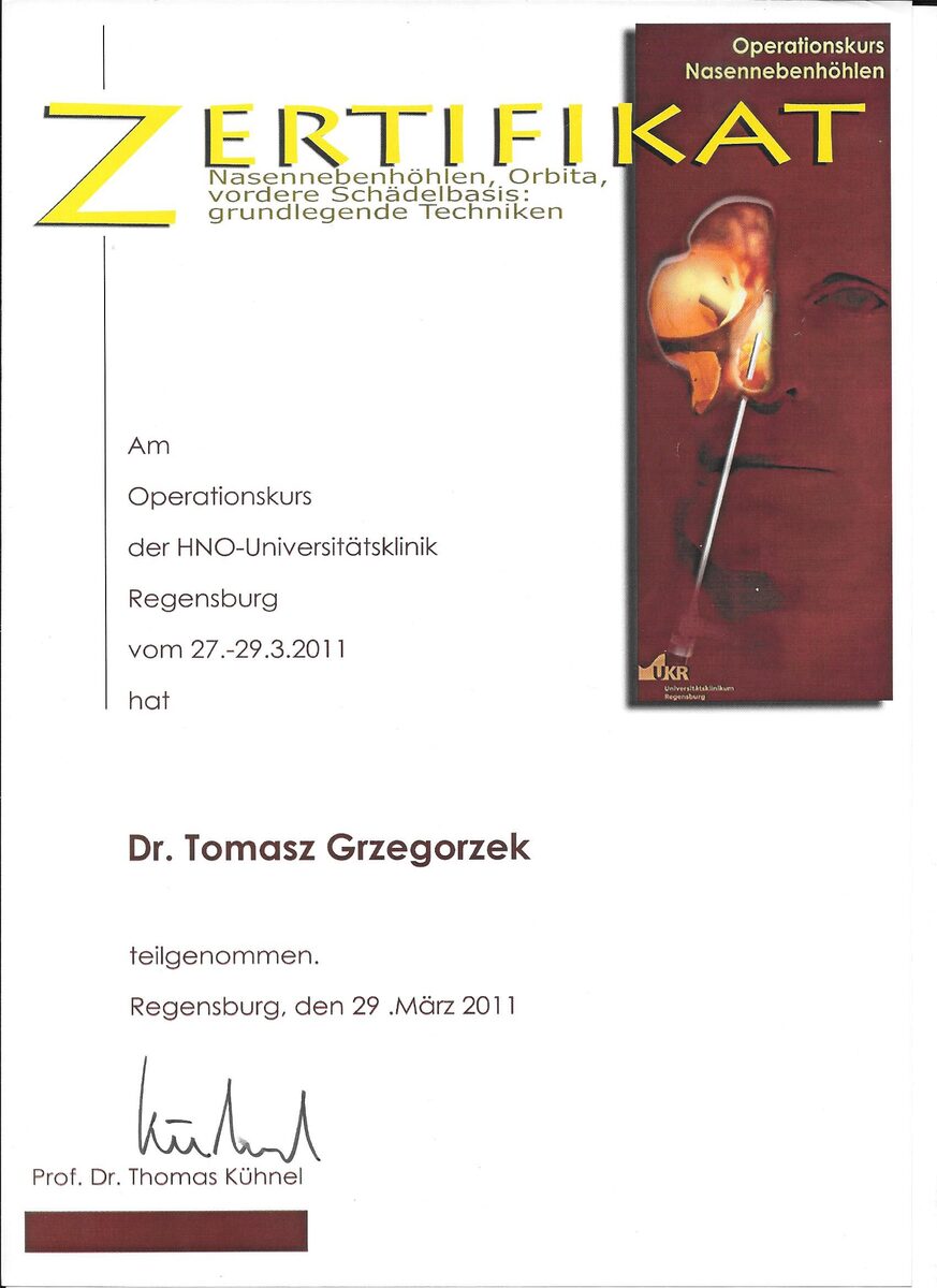 Certyfikat — balonoplastyka zatok i neuronawigacja, Regensburg (Niemcy), 2011
