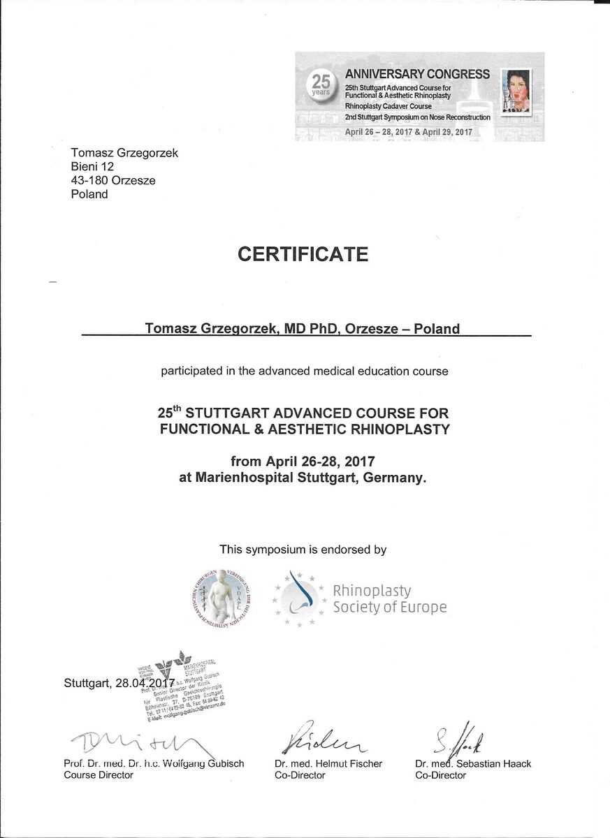 Certyfikat — Światowy Kongres Chirurgii Plastycznej Nosa, Stuttgart (Niemcy), 2017