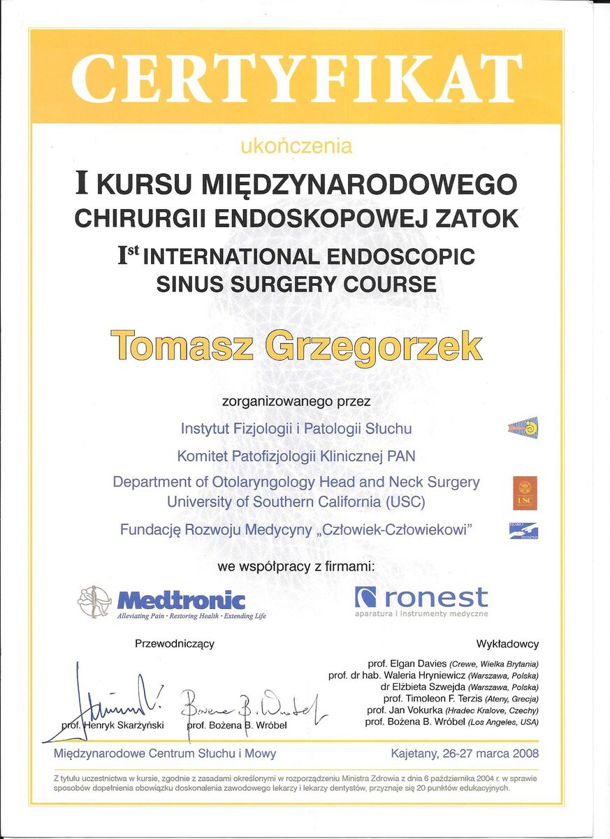 Certyfikat — Międzynarodowy Kurs Chirurgii Endoskopowej Zatok, Warszawa, 2008